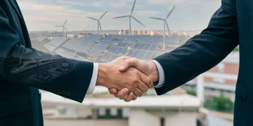 Representación de un acuerdo de colaboración público-privada en España con infraestructuras modernas de fondo, vista hacia 2026.