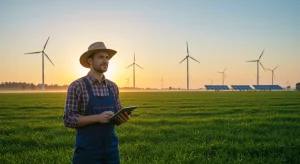 Agricultor moderno revisando datos en tableta en un campo verde al amanecer, simbolizando las nuevas ayudas agrícolas 2026.