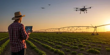 Campo agrícola español al amanecer con tecnología avanzada y agricultor observando datos en tableta.