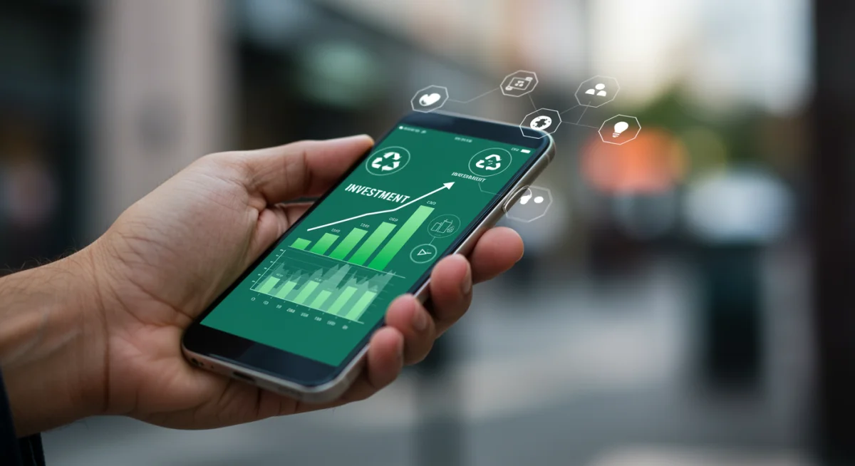 Aplicación móvil mostrando el crecimiento de inversiones socialmente responsables y sus impactos positivos.