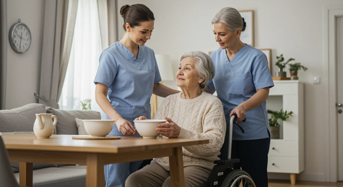 Profesional de ayuda a domicilio asistiendo a una persona mayor en su hogar, reflejando apoyo y autonomía.