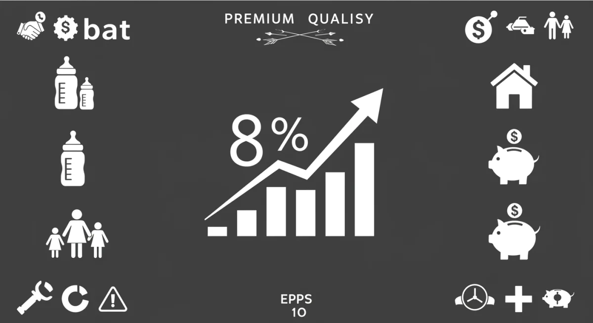 Gráfico que muestra un aumento del 8% en ayudas económicas, con iconos de familia y estabilidad.