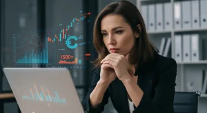 Desglose 2026: 1.500€ extra anuales para autónomos en España Mujer autónoma española analizando datos financieros con gráficos y el símbolo de 1.500€, representando las ayudas estatales de 2026.