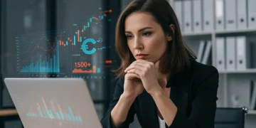 Mujer autónoma española analizando datos financieros con gráficos y el símbolo de 1.500€, representando las ayudas estatales de 2026.