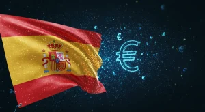 Representación abstracta de la digitalización con elementos financieros y la bandera de España, simbolizando las ayudas estatales para la transformación digital.