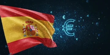 Representación abstracta de la digitalización con elementos financieros y la bandera de España, simbolizando las ayudas estatales para la transformación digital.