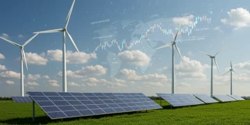 Paisaje con turbinas eólicas y paneles solares, simbolizando las nuevas Ayudas Estatales para la transición ecológica en 2026.