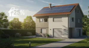 Casa española con paneles solares, simbolizando el autoconsumo energético y un ahorro del 25% en la factura de luz.
