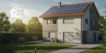 Casa española con paneles solares, simbolizando el autoconsumo energético y un ahorro del 25% en la factura de luz.