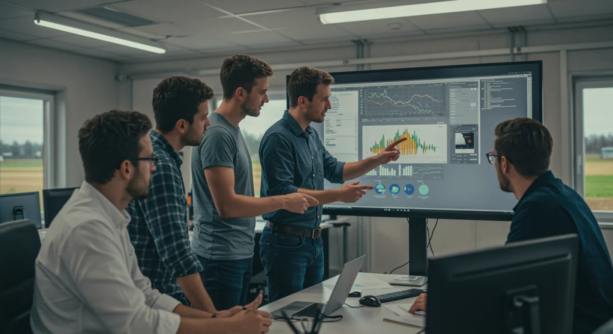 Jóvenes agricultores colaborando en una oficina moderna, analizando datos en una pantalla grande.