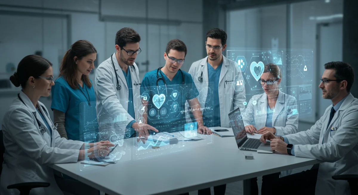 Equipo multidisciplinar colaborando en soluciones innovadoras de tecnología sanitaria española.