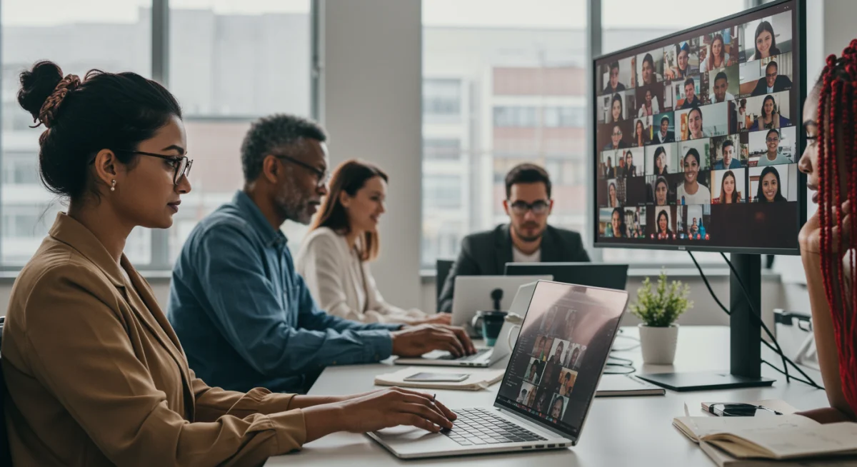 Profesionales colaborando en una oficina moderna, reflejando flexibilidad laboral.
