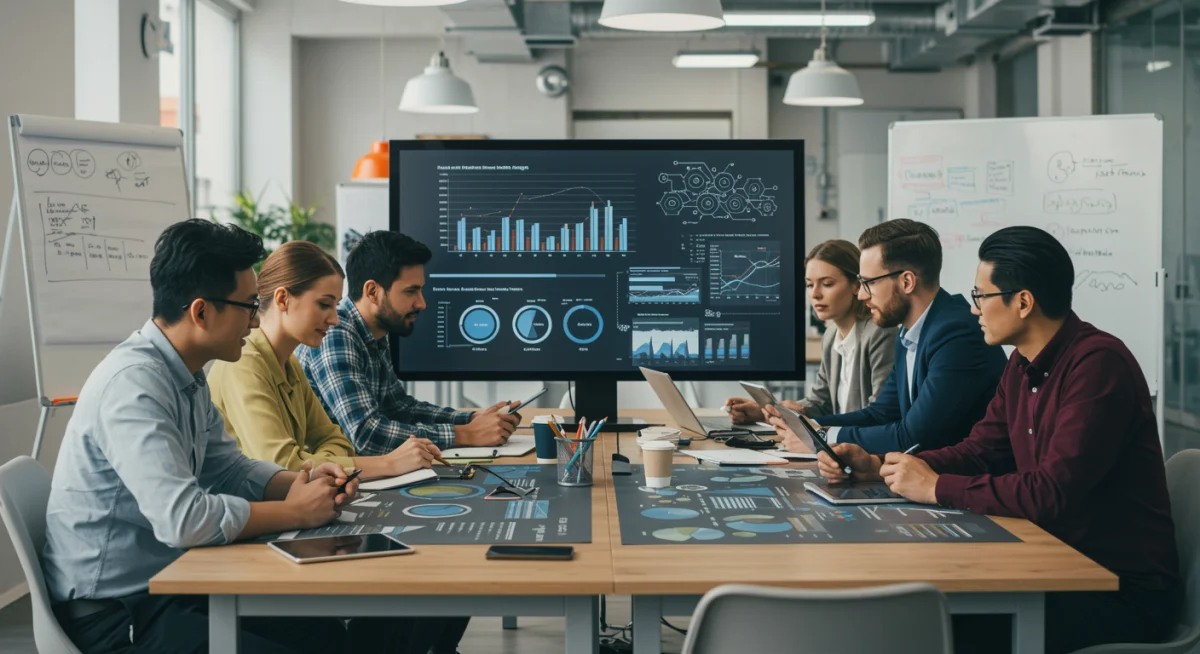 Profesionales colaborando en una sesión de brainstorming sobre tendencias de mercado en España, con pantallas interactivas y datos.