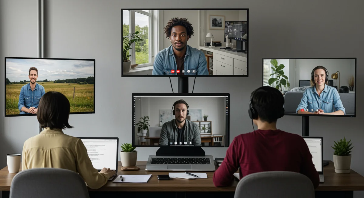 Equipo diverso colaborando a distancia en una videollamada, mostrando la conectividad global del teletrabajo.
