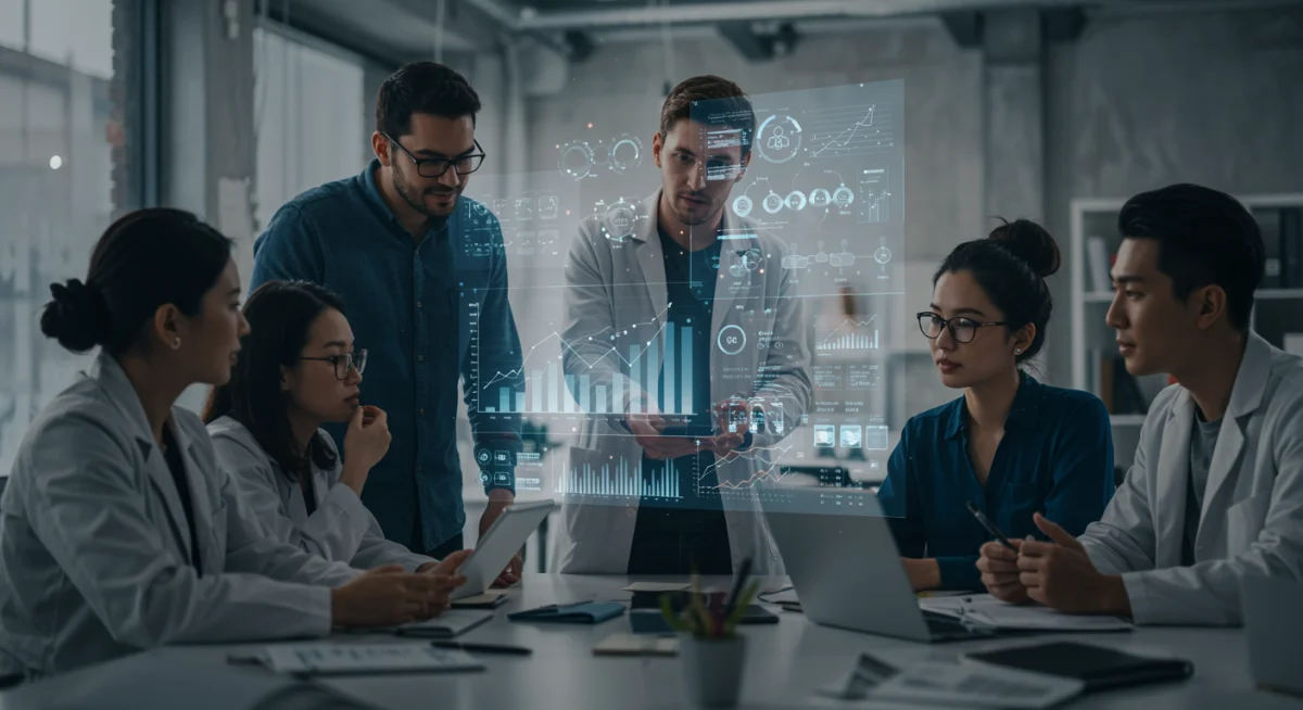 Equipo multidisciplinar de una startup trabajando en un proyecto innovador, simbolizando la colaboración y el desarrollo en sectores clave.