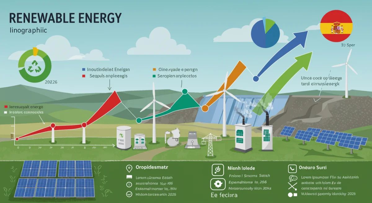 Infografía sobre el crecimiento de las energías renovables en España y su impacto en los ETFs temáticos para 2026.
