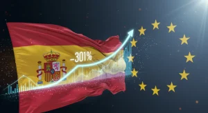 Ventaja Competitiva 2026: Ayudas Estatales para Innovación y Crecimiento Gráfico ascendente con un 30% de crecimiento, engranajes y símbolos de innovación, sobre un fondo con la bandera española, representando el impacto financiero de las ayudas estatales.
