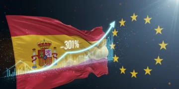 Gráfico ascendente con un 30% de crecimiento, engranajes y símbolos de innovación, sobre un fondo con la bandera española, representando el impacto financiero de las ayudas estatales.