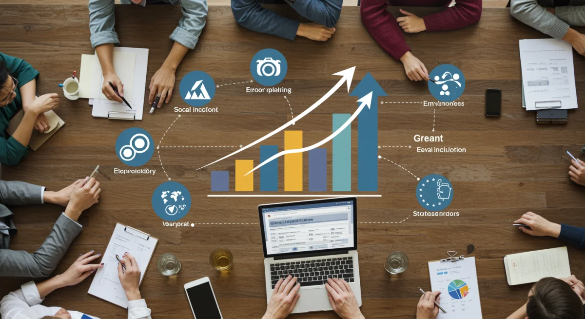 Gráfico de crecimiento con flechas ascendentes y profesionales planificando solicitudes de subvenciones europeas.