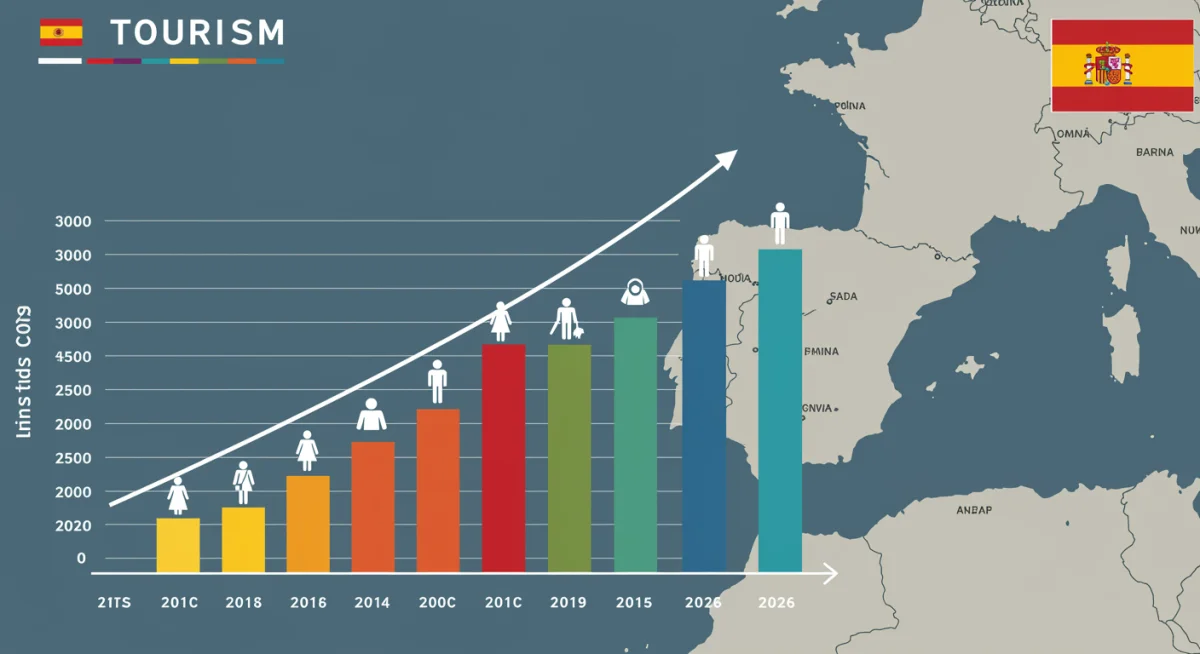 Infografía detallada mostrando el crecimiento del turismo en España y proyecciones para 2026, con un mapa de las regiones turísticas más populares.
