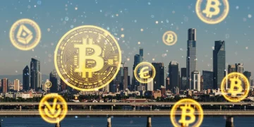 Futurista paisaje digital con símbolos de criptomonedas, reflejando el dinamismo del mercado español en 2026.