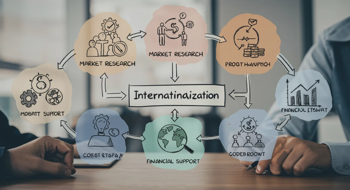 Diagrama detallado de las fases de internacionalización empresarial y el impacto de las ayudas estatales.