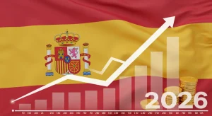 Gráfico de barras ascendente con símbolos del euro y la bandera de España, representando el crecimiento de dividendos en el IBEX 35 para 2026.
