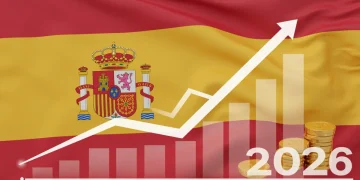 Gráfico de barras ascendente con símbolos del euro y la bandera de España, representando el crecimiento de dividendos en el IBEX 35 para 2026.