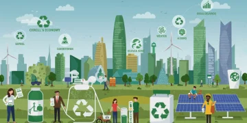 Paisaje urbano español futurista con símbolos de economía circular, energía renovable y edificios verdes.