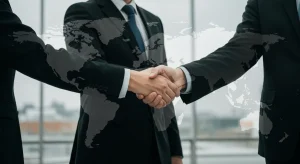 Ejecutivo español cerrando un acuerdo internacional, simbolizando la expansión empresarial y el éxito financiero.