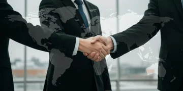 Ejecutivo español cerrando un acuerdo internacional, simbolizando la expansión empresarial y el éxito financiero.