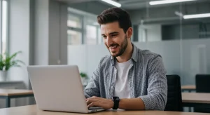 Emprendedor español exitoso con ordenador portátil, simbolizando las nuevas ayudas del gobierno de 2026.