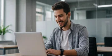 Emprendedor español exitoso con ordenador portátil, simbolizando las nuevas ayudas del gobierno de 2026.