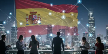 Emprendedores digitales analizando nuevas regulaciones en un entorno futurista de España en 2026, con gráficos y datos proyectados.