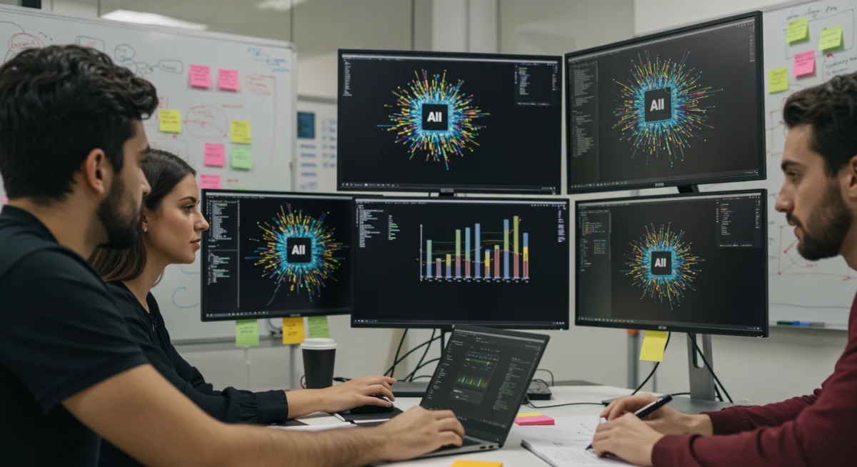 Equipo diverso de emprendedores españoles colaborando en algoritmos de IA en un espacio de coworking moderno.