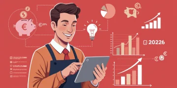 Mujer empresaria sonriente revisando gráficos de crecimiento y financiación para PYMES en 2026.