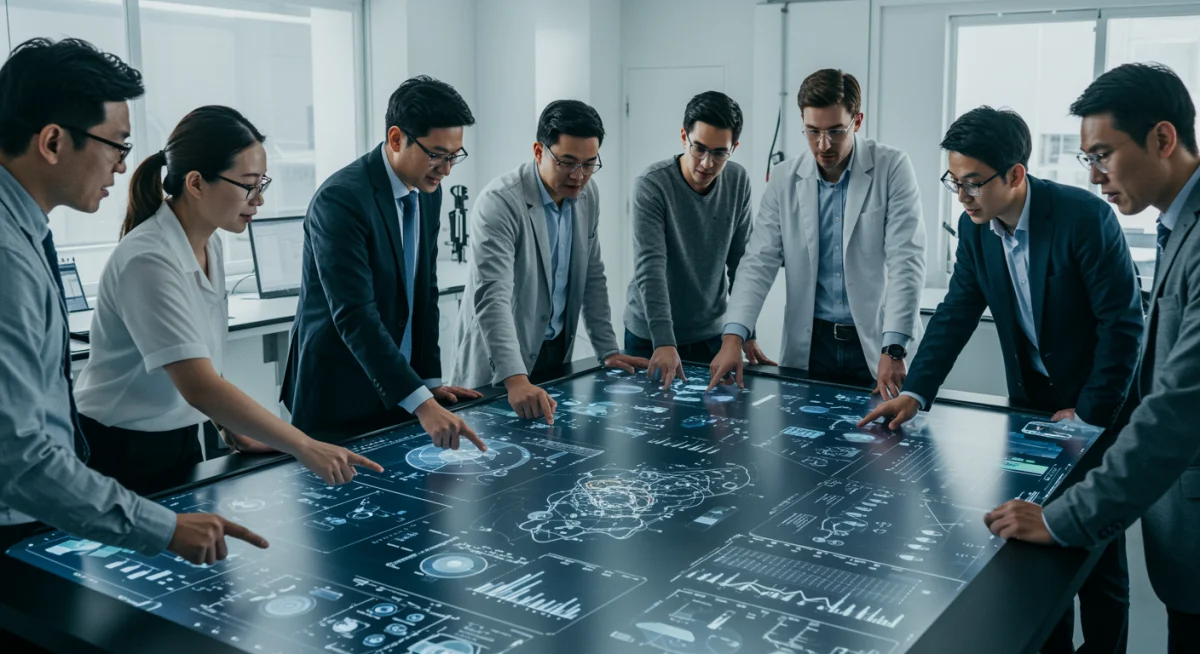 Equipo de investigación y desarrollo colaborando en un laboratorio moderno con tecnología avanzada.