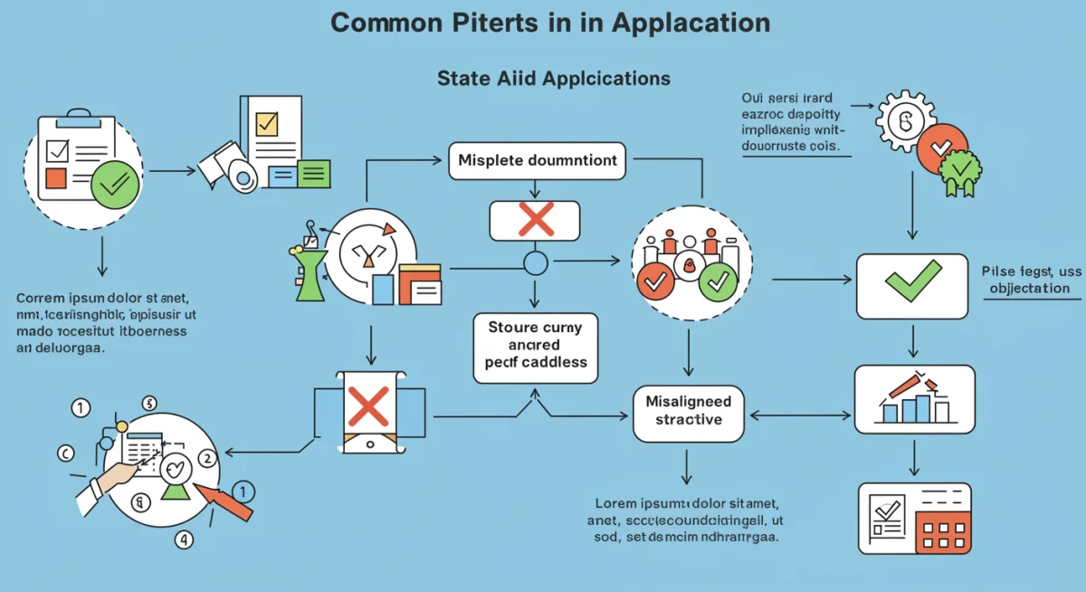 Diagrama de flujo mostrando errores comunes y estrategias de éxito en solicitudes de ayudas estatales