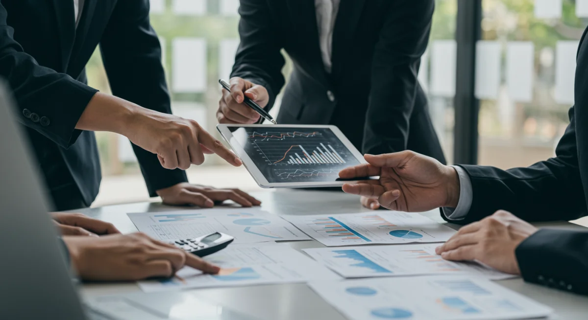 Profesionales de negocios analizando datos digitales en una tablet, simbolizando la planificación estratégica de la digitalización.
