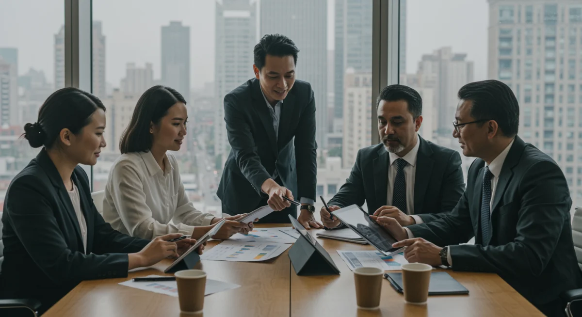 Profesionales analizando datos financieros y estrategias de inversión en un entorno colaborativo.
