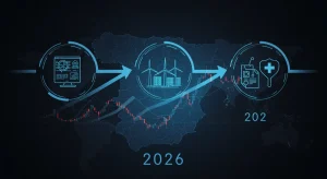 Gráfico que ilustra los ETFs temáticos más prometedores en España para el año 2026, con iconos de tecnología, energías renovables y salud digital.
