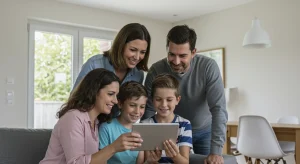 Familia española feliz consultando información sobre beneficios familiares 2026 en una tablet.