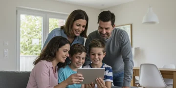 Familia española feliz consultando información sobre beneficios familiares 2026 en una tablet.