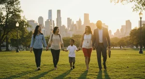 Familia moderna disfrutando de un paseo, simbolizando la conciliación laboral en España.