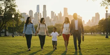 Familia moderna disfrutando de un paseo, simbolizando la conciliación laboral en España.