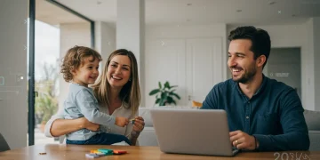 Familia joven con dos hijos pequeños disfrutando en su hogar, simbolizando la estabilidad y el apoyo de las ayudas a la natalidad en España en 2026.