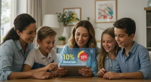 Familia numerosa española feliz revisando beneficios fiscales en una tablet, con gráficos de ahorro y reducción del IRPF del 10% para 2026.