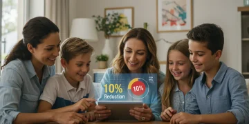 Familia numerosa española feliz revisando beneficios fiscales en una tablet, con gráficos de ahorro y reducción del IRPF del 10% para 2026.