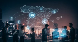 Mapa digital de España con conexiones innovadoras y símbolos de financiación, representando oportunidades para proyectos en 2026.