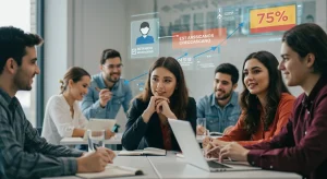 Formación y Empleo 2026 en España: Garantía de Inserción Laboral del 75% Jóvenes profesionales en formación activa en España, con gráficos digitales que muestran el éxito laboral y una tasa de inserción del 75%.